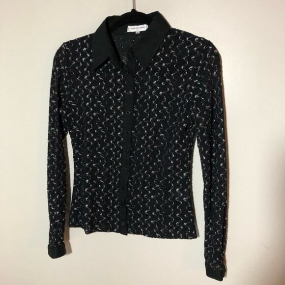 Anne Fontaine black white open knit lace collared long sleeve blouse sz 3 sheer - Picture 1 of 11